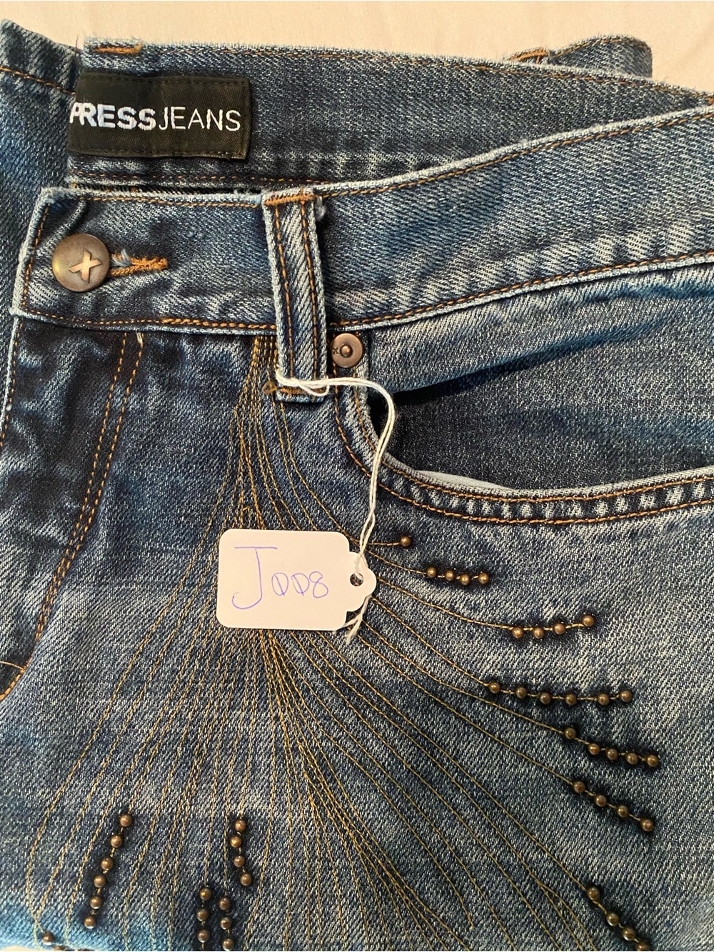 VTG Express Jeans 100% Cotton Studded Sunburst Low Rise Flare Leg 7/8 Y2K - Picture 13 of 15